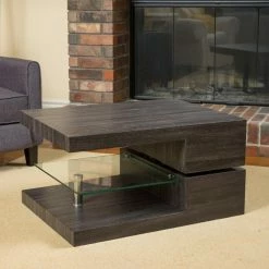 Best Pirce ⭐ Best Selling Home Rectangle Coffee Tables Small Rectangular Mod Coffee Table With Glass Shelf 👍 -Coffee Tables Sale Store detailBSHD2350
