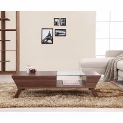 Promo ⌛ Rectangle Coffee Tables Furniture Of America Baxter Modern Glass Top Coffee Table - Medium Wood 🔥 -Coffee Tables Sale Store detailENLB017