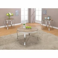 Flash Sale ✔️ Round Coffee Table Sets Acme Furniture Malai Weathered Light Oak And Chrome 3 Piece Coffee And End Table Set 🛒