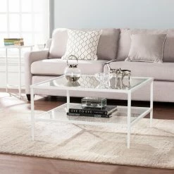New 🥰 Square Coffee Tables Southern Enterprises Keller Square Metal / Glass Open Shelf Cocktail Table - White 🧨
