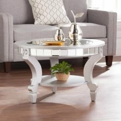 New 🥰 Round Coffee Tables Southern Enterprises Lindsay Glam Mirrored Round Cocktail Table - Matte Silver 😉